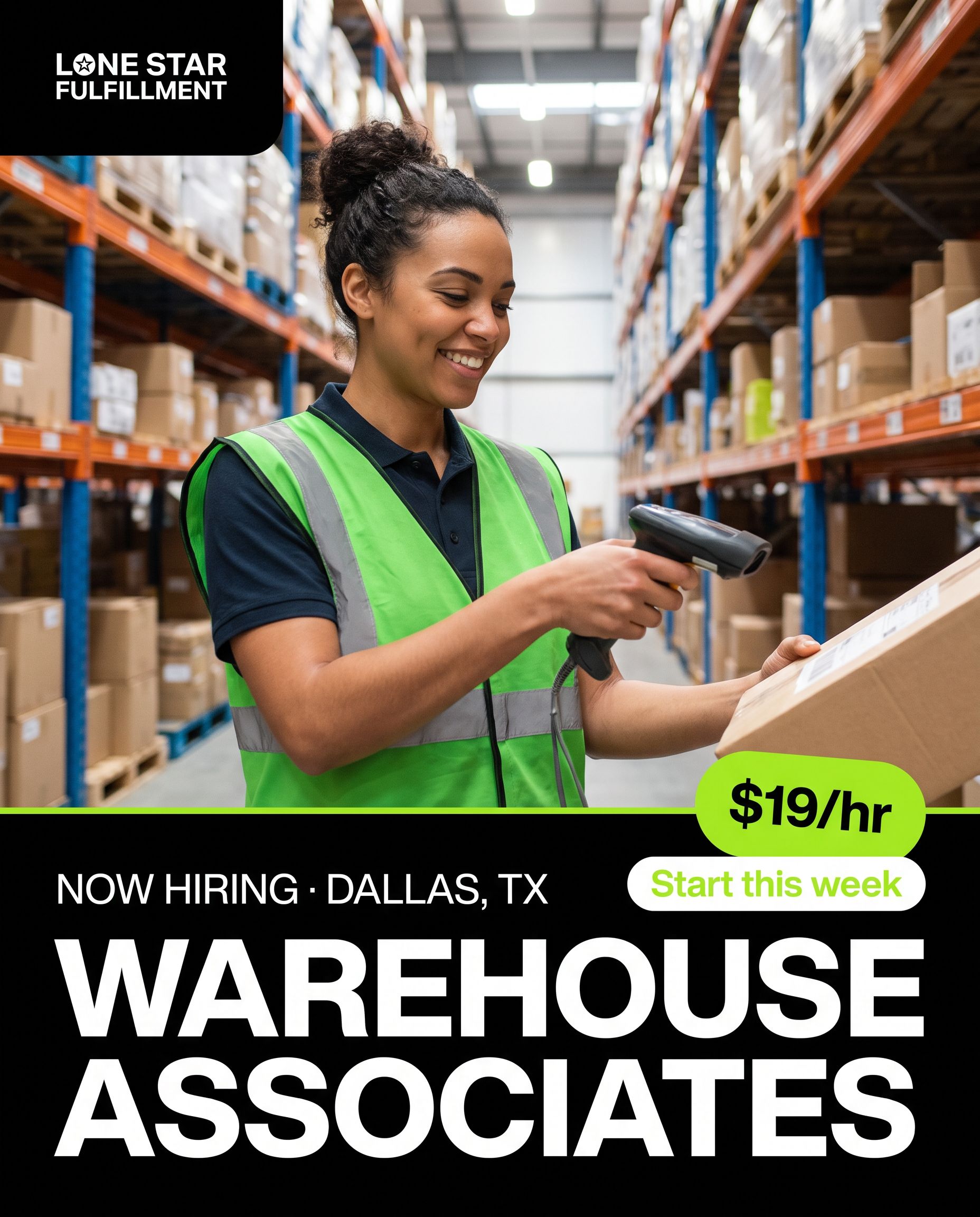 Warehouse Associate job ad, Dallas, TX, $19/hr