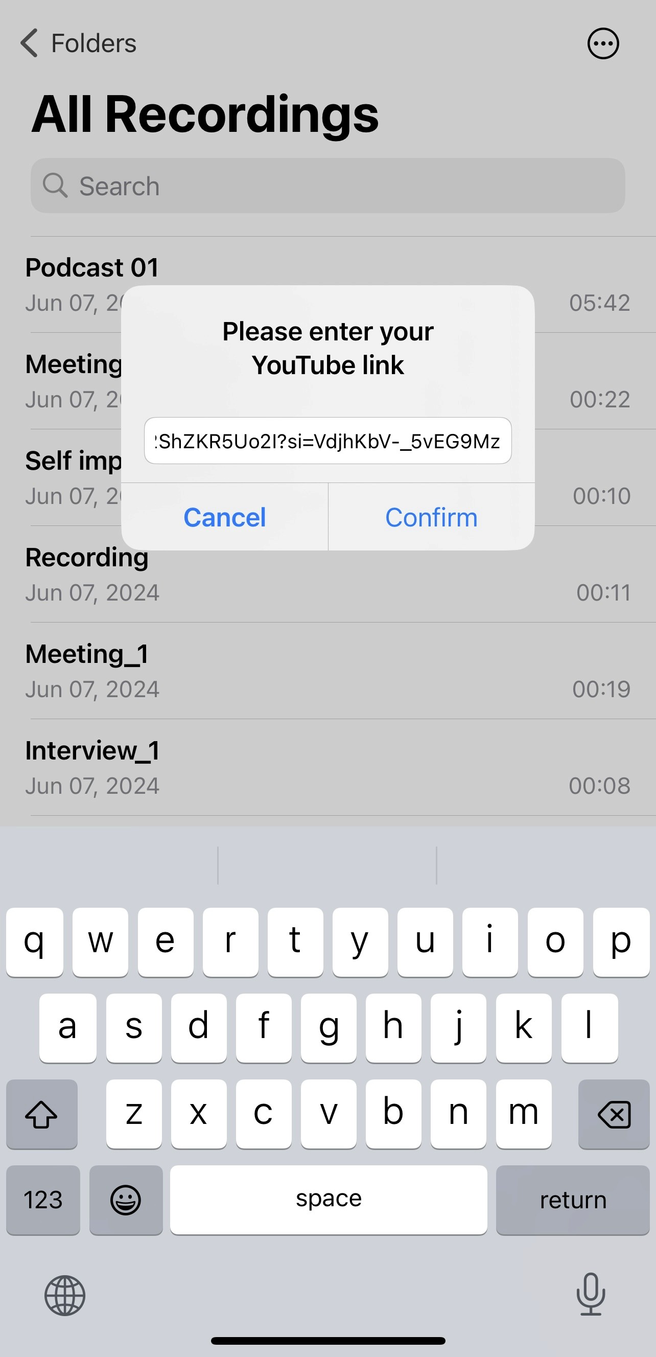 screenshot of import youtube link