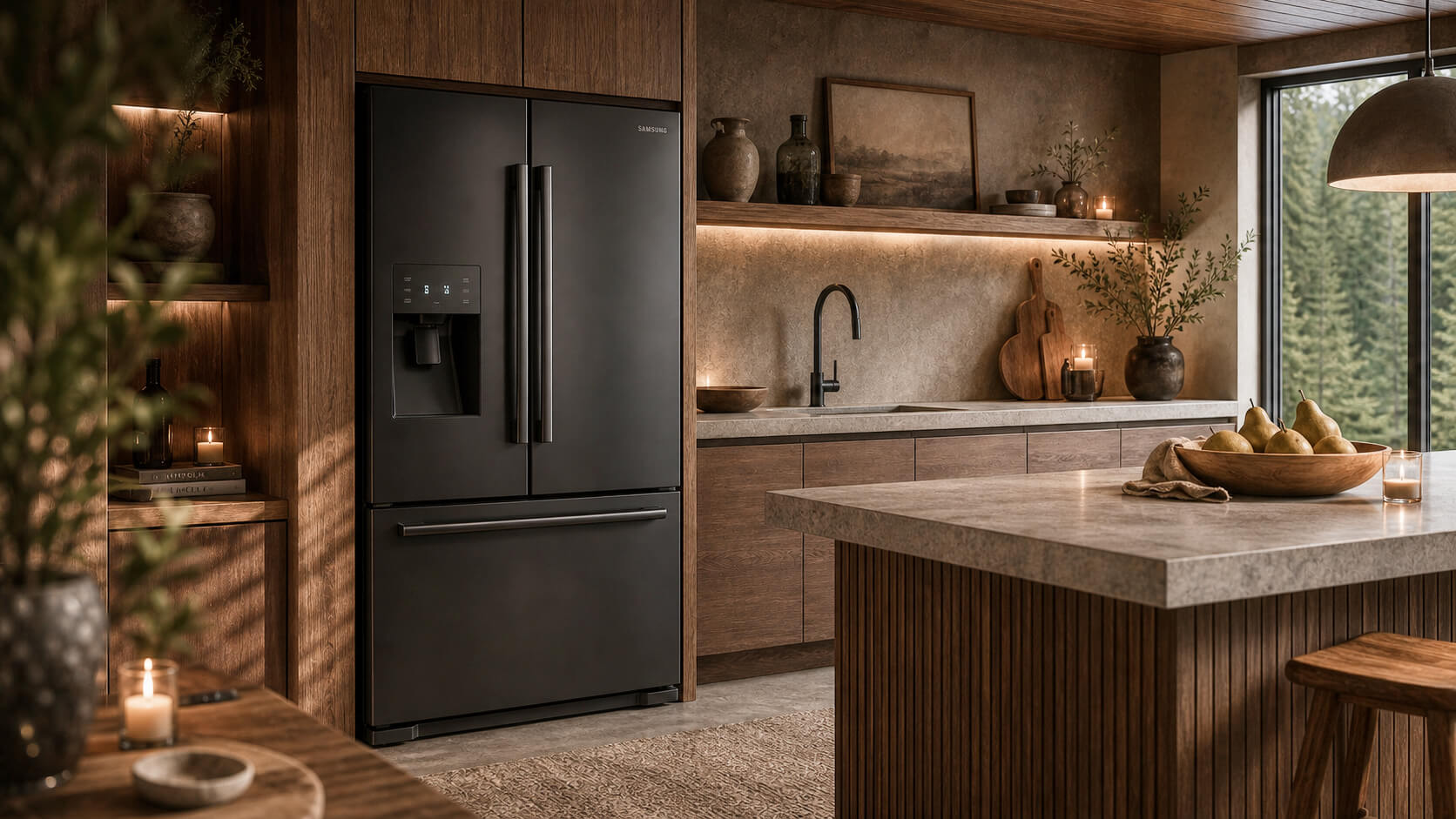 Dark refrigerator, wooden cupboards and kitchen island