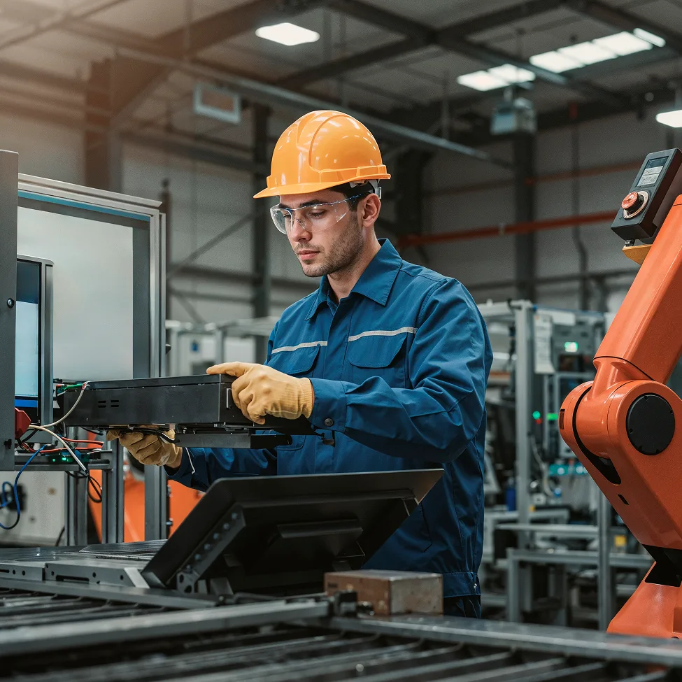 A worker wearing a hard hat and gloves operates machinery in a factory, symbolizing production workflows, material tracking, and quality control.