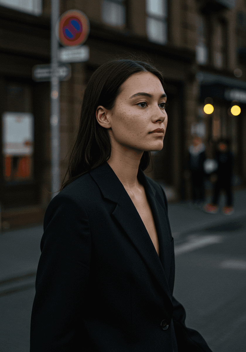A young woman with freckles and dark hair in a black blazer stands in an urban setting, exuding a calm and modern vibe.