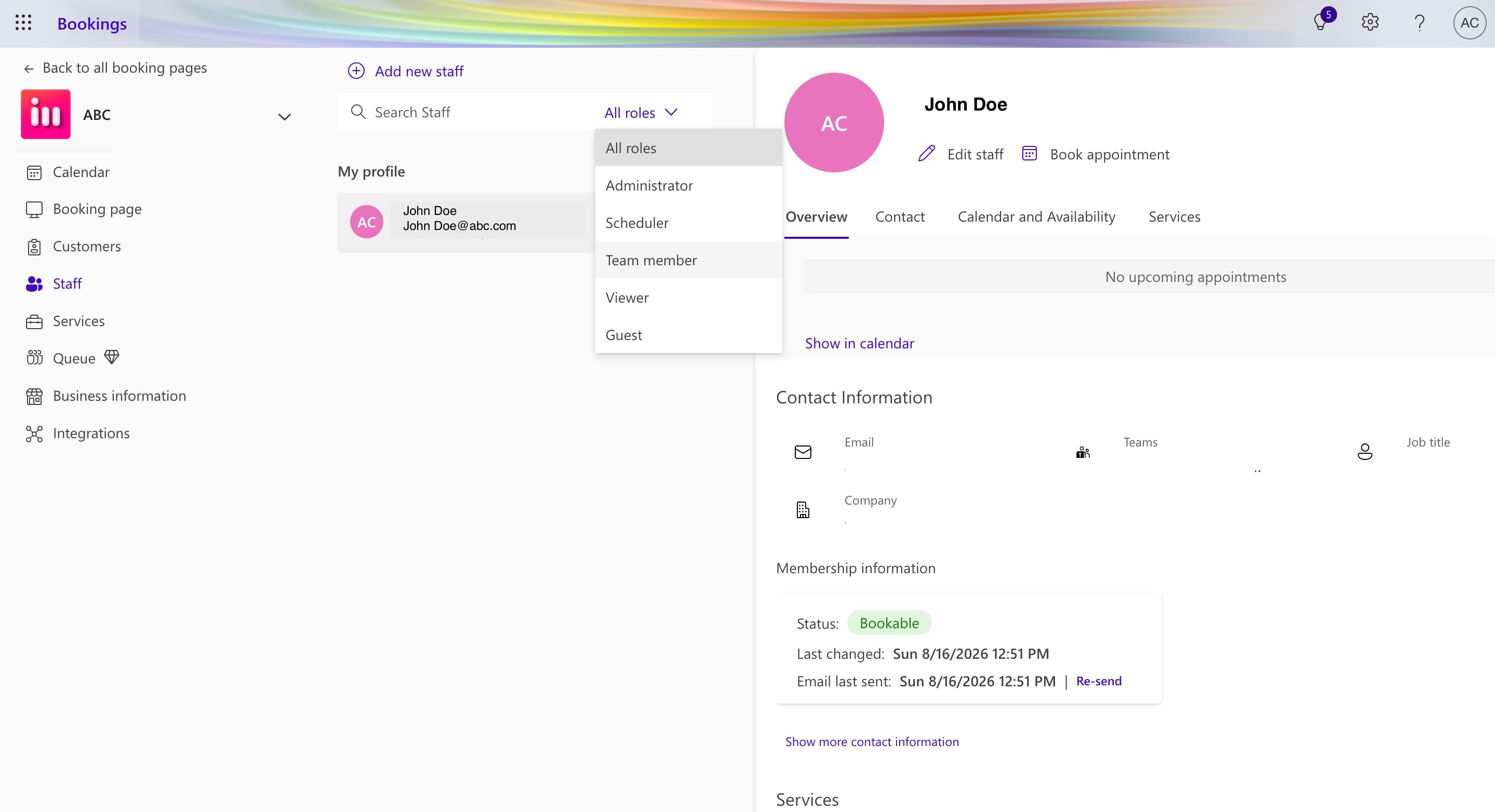 Microsoft booking team settings page showing team members added
