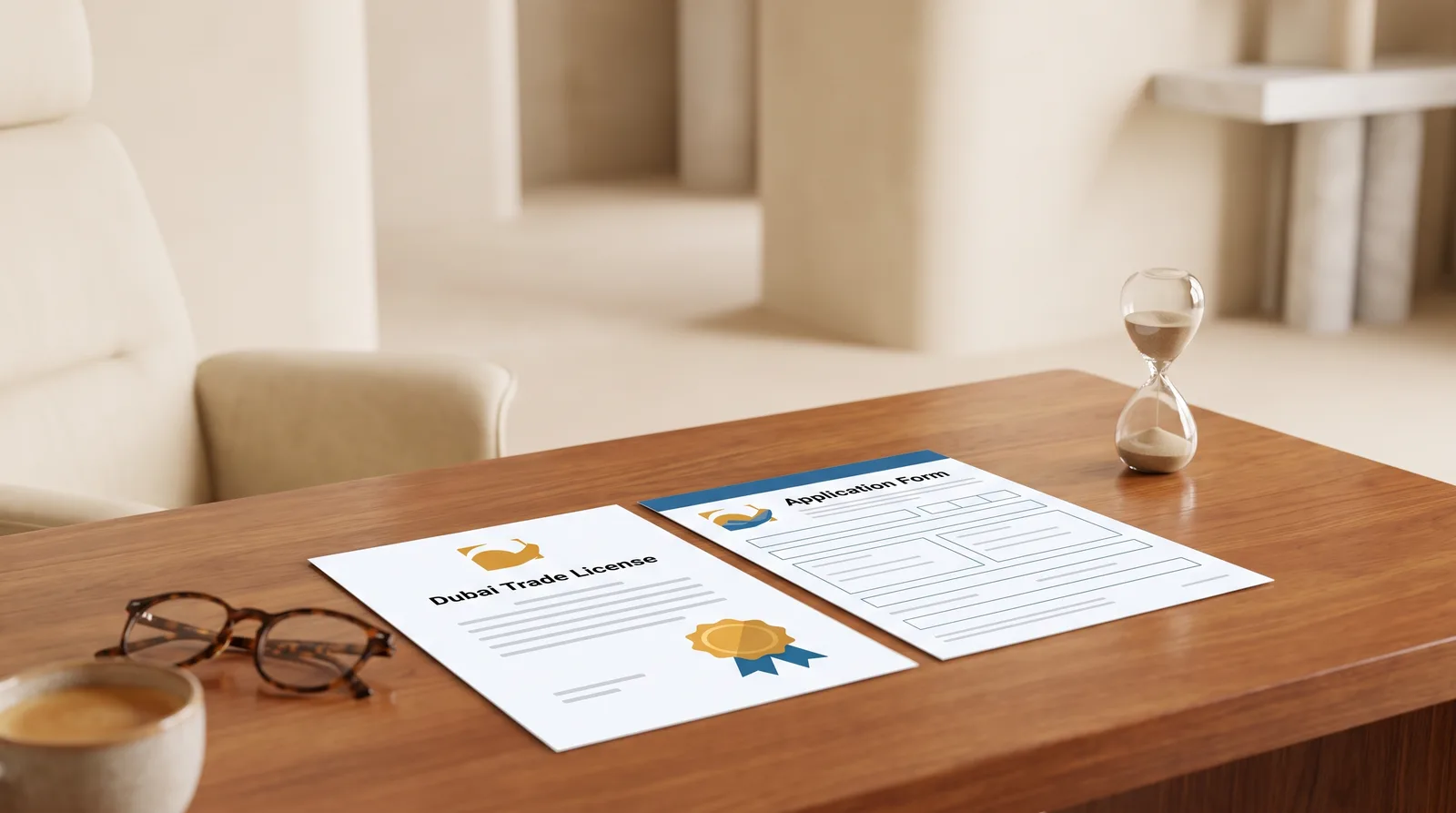 What Slows a Dubai Company Setup Down beside a Dubai trade license document on an office desk