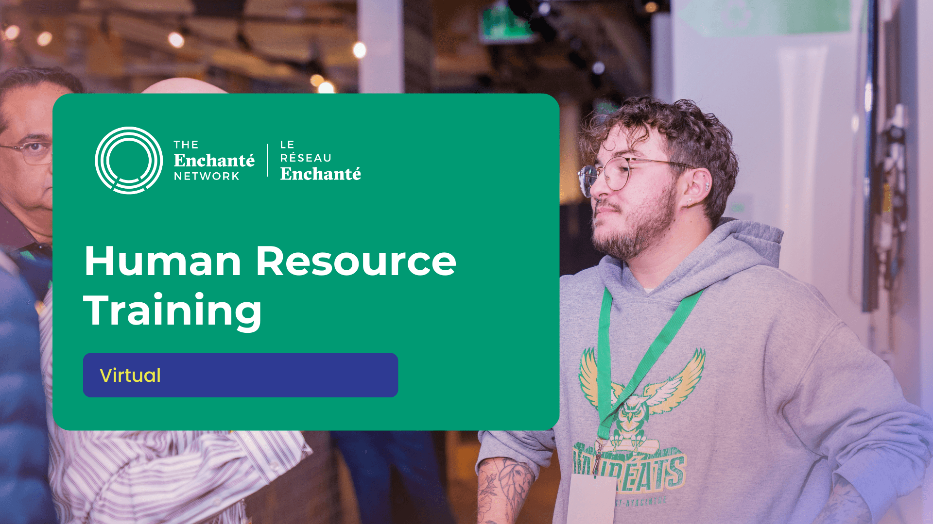 Image promoting a Human Resource training event, featuring engaging participants and a vibrant background.