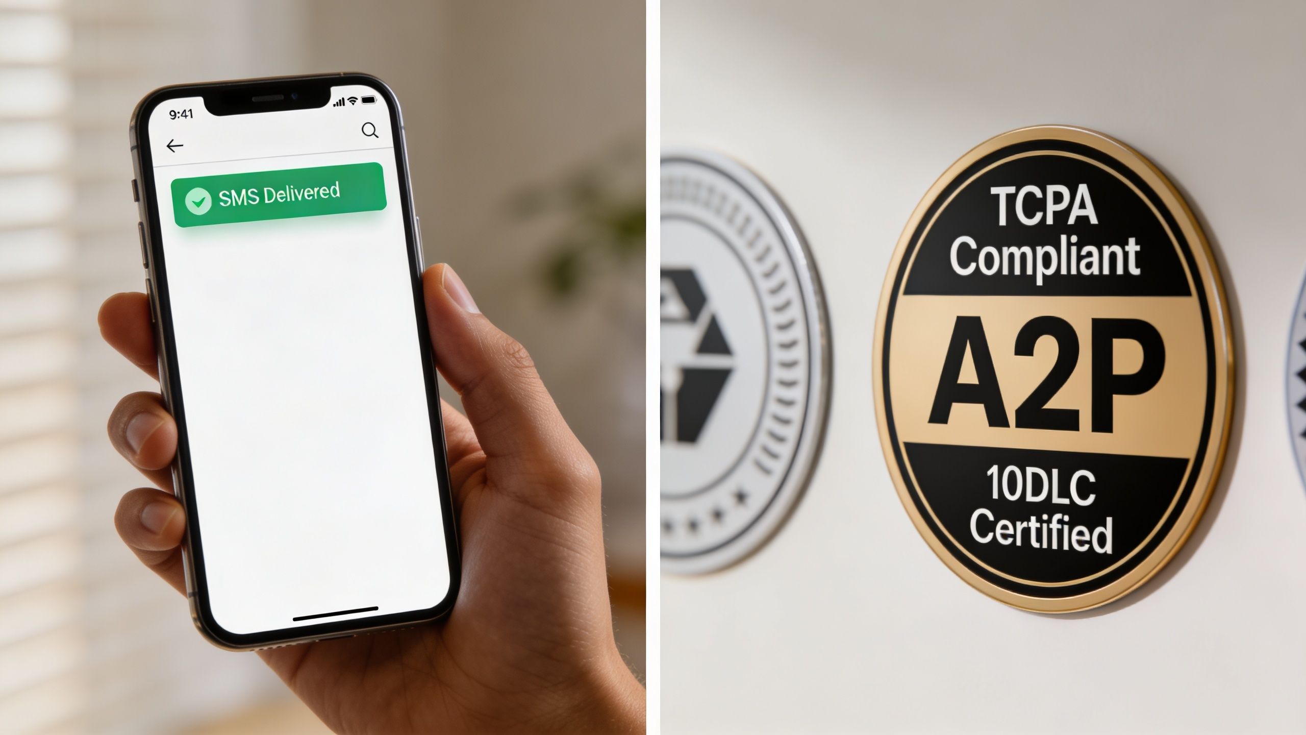 A hand holding a smartphone showing an SMS delivered notification alongside a TCPA compliant certification badge.