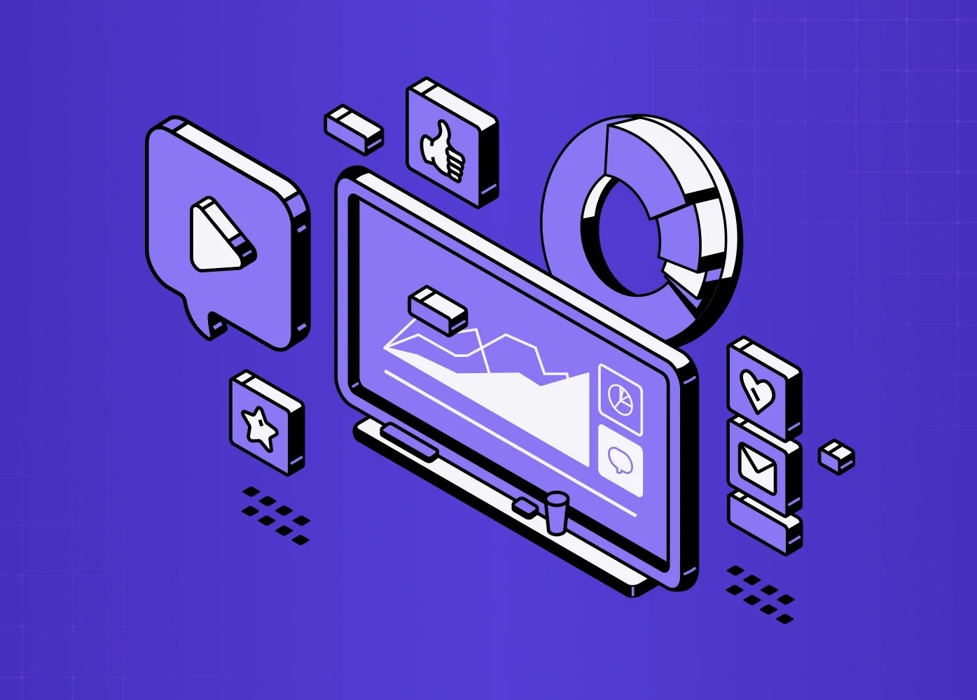 Illustration of analytics dashboard with engagement icons, charts, and user interaction elements.