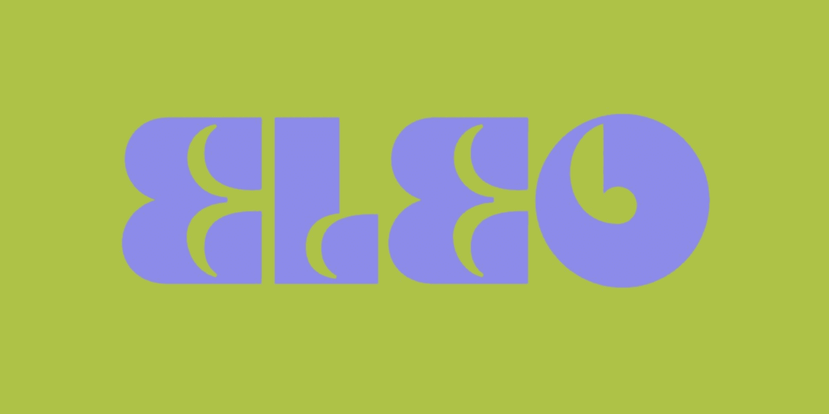 Geometric letters forming "ELOE" in bold purple on a lime green background, creating a retro and vibrant visual contrast.