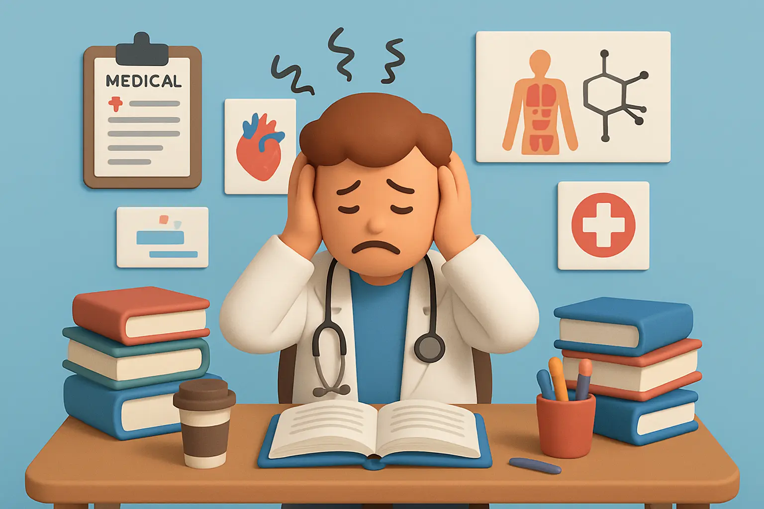 Illustration: Medizinstudent sitzt überfordert vorm Schreibtisch