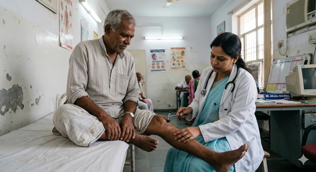 Elderly Indian man seated in a clinic holding his foot, with a doctor checking reflexes with a tendon hammer