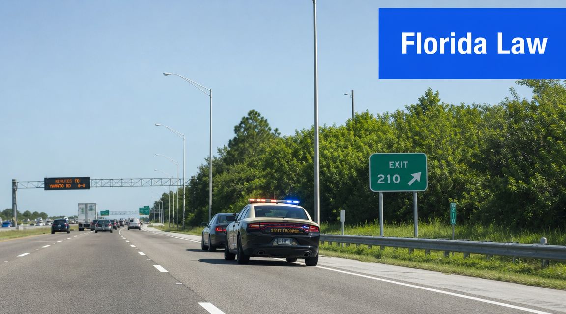 A Florida state trooper vehicle pulled over a car on a highway near an exit sign.