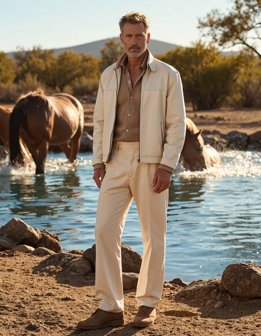 Fashion photography featuring cream outfit against desert backdrop with horses wading in water, mountains in background