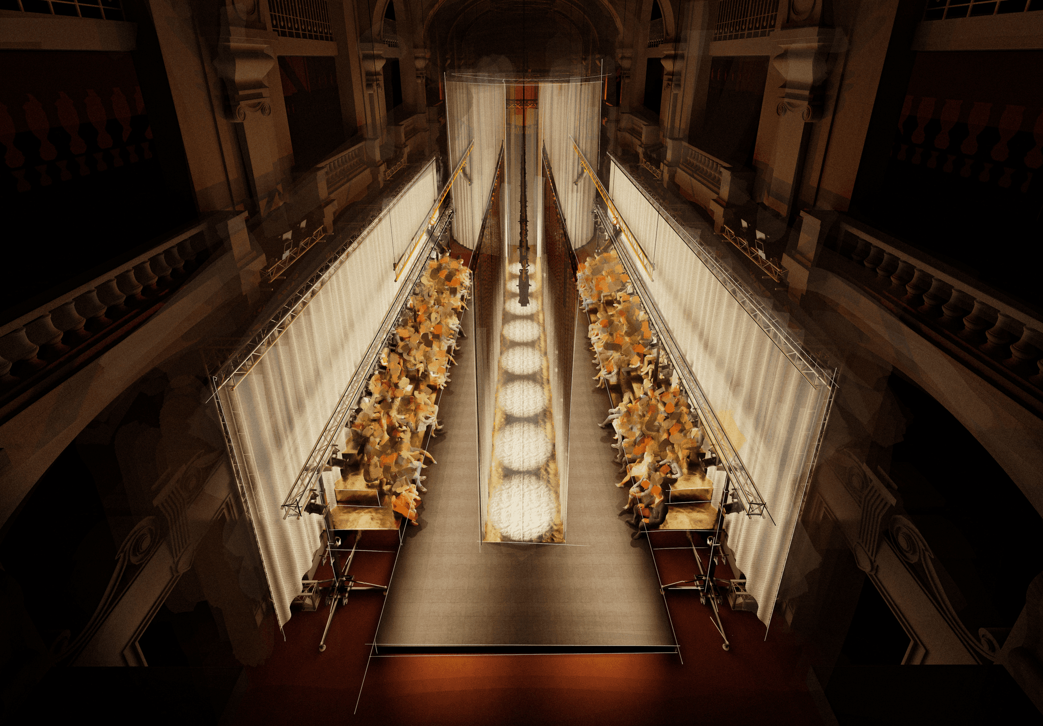 Immersive runway show scenography designed by Lélio Bazin for the Bvlgari 75th Serpenti anniversary in Paris, featuring a central light installation, golden tiered seating, and a fusion of classical architecture with digital aesthetics.