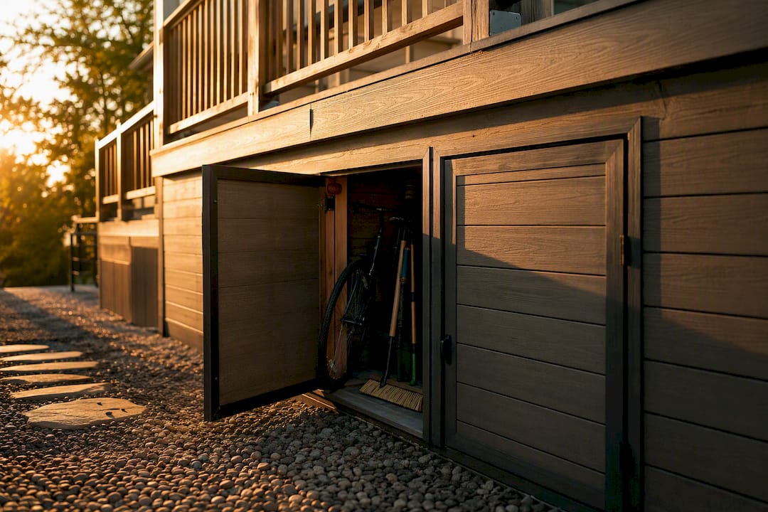 Framed deck skirting access door open with storage