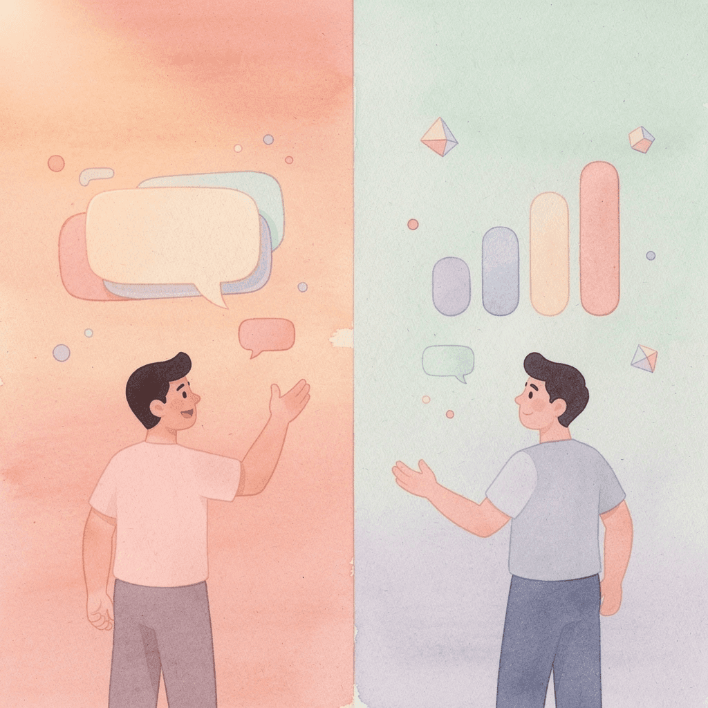 Split scene showing contrast between text-based learning struggles and confident speaking practice