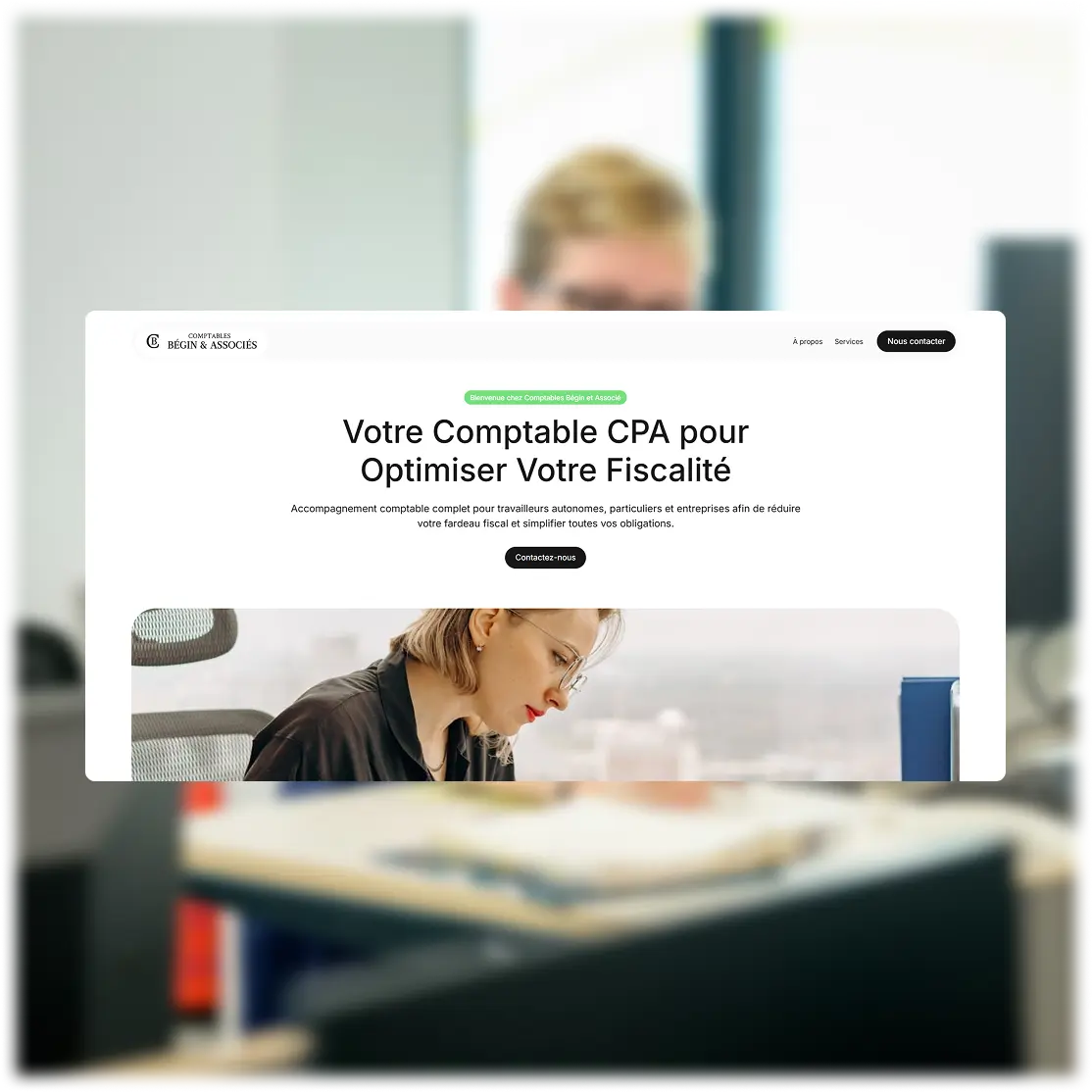 Site web professionnel créé pour le cabinet Comptables Bégin présentant leurs services comptables pour particuliers et entreprises.