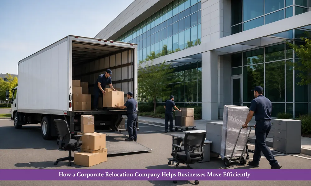 Professional movers loading a truck for corporate office relocation outside a modern building.