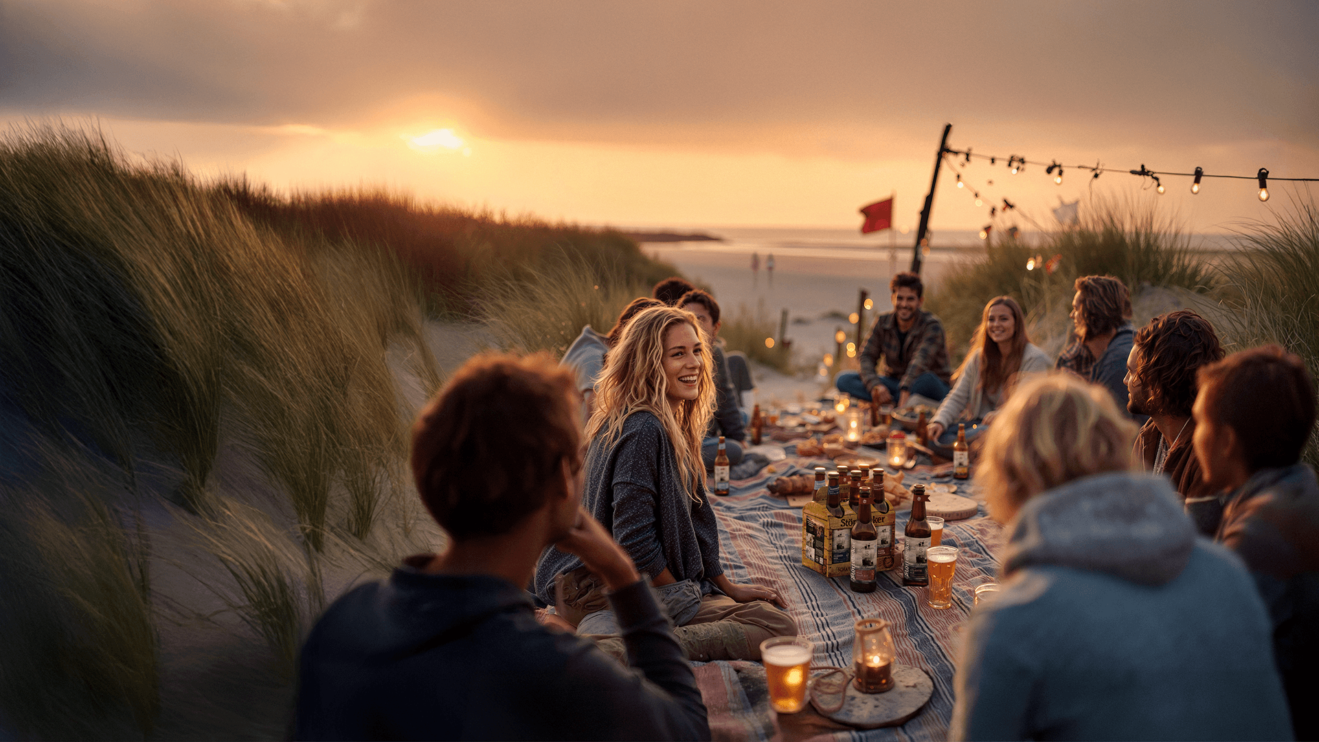 Friends gathered on a beach at sunset with string lights