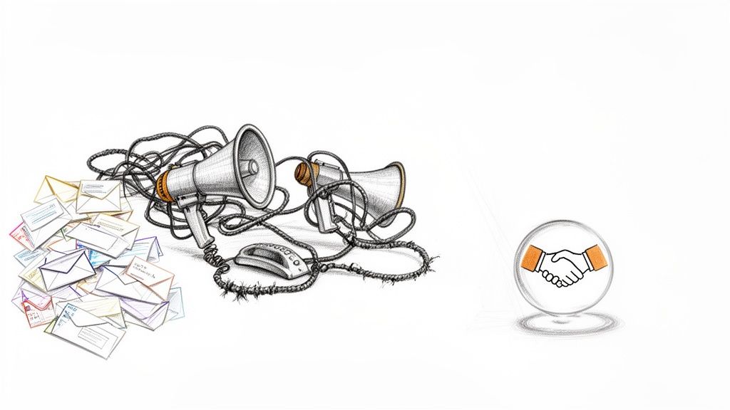 Illustration showing mail, megaphones, a telephone, and a handshake icon, symbolizing communication and agreement.