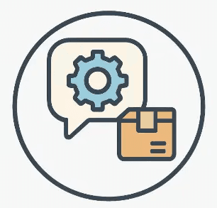 Icône flat design montrant un chatbot d’assistance automatisée pour le support client, factures et suivi de commandes