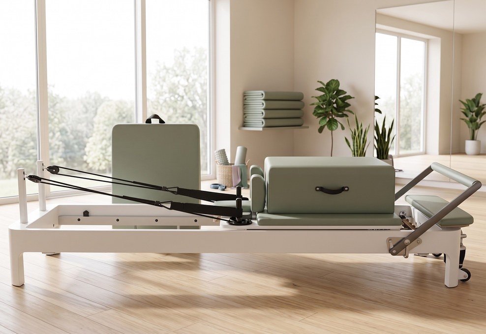 Pilates Reformer Advanced White — Chêne, reformer de studio en chêne dans un studio de Pilates professionnel