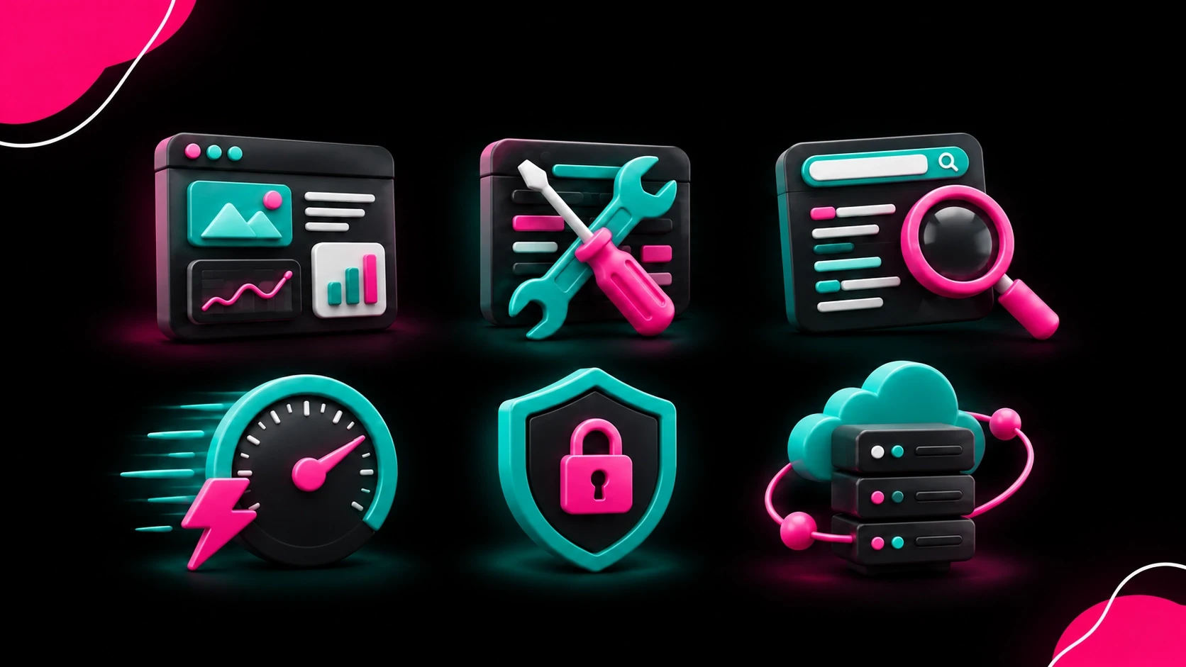 The image displays a set of colorful 3D icons on a black background, representing digital concepts such as data analytics, tools and settings, search, performance, security, and cloud computing.