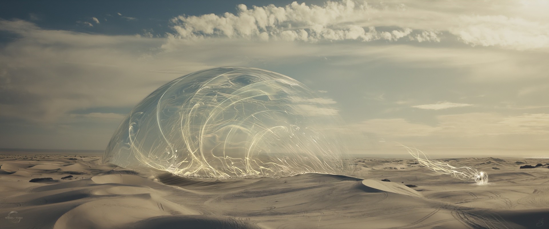 Concept Design of a large dome made of golden weaves in the desert