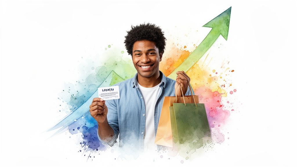 Smiling man holding a 'LOYALTY' card and shopping bags, with an upward arrow in a colorful watercolor background.