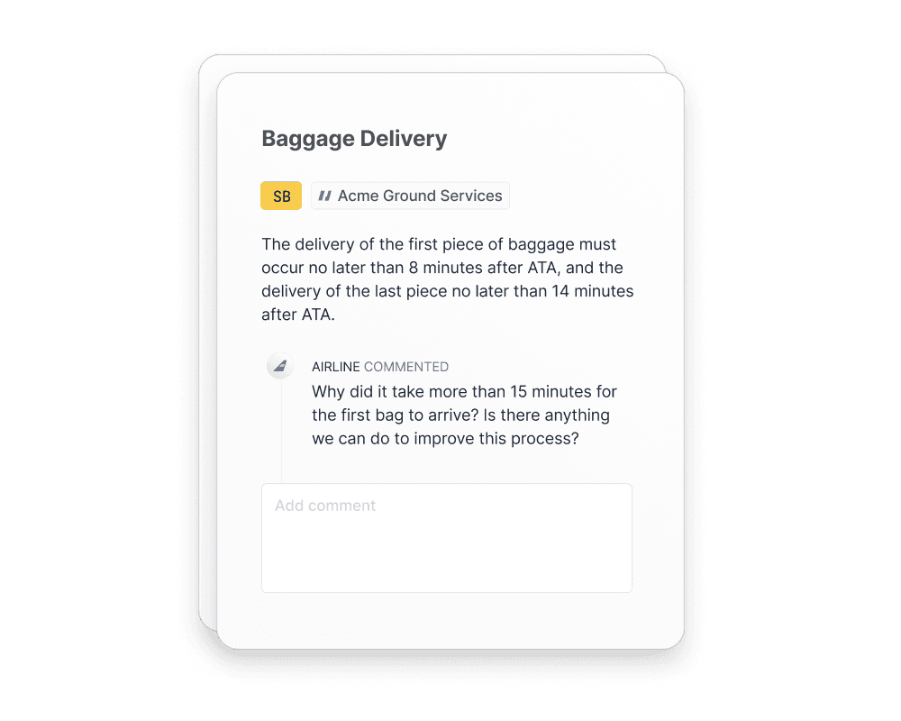 The image shows a web app interface in Cosmos titled "Baggage Delivery," with a comment from a user named "AIRLINE" questioning the delay in baggage service, featuring analytics insights to innovate and enhance airline performance.