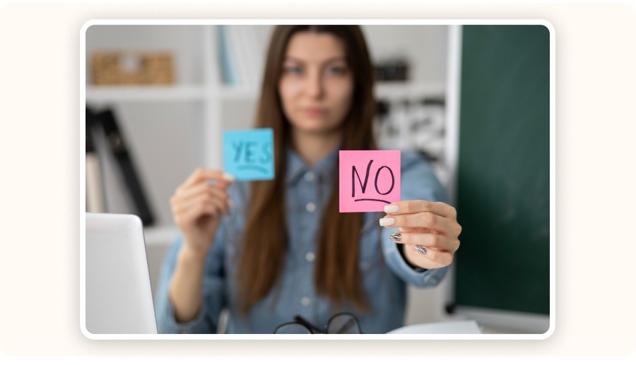 Woman holding “YES” and “NO” note