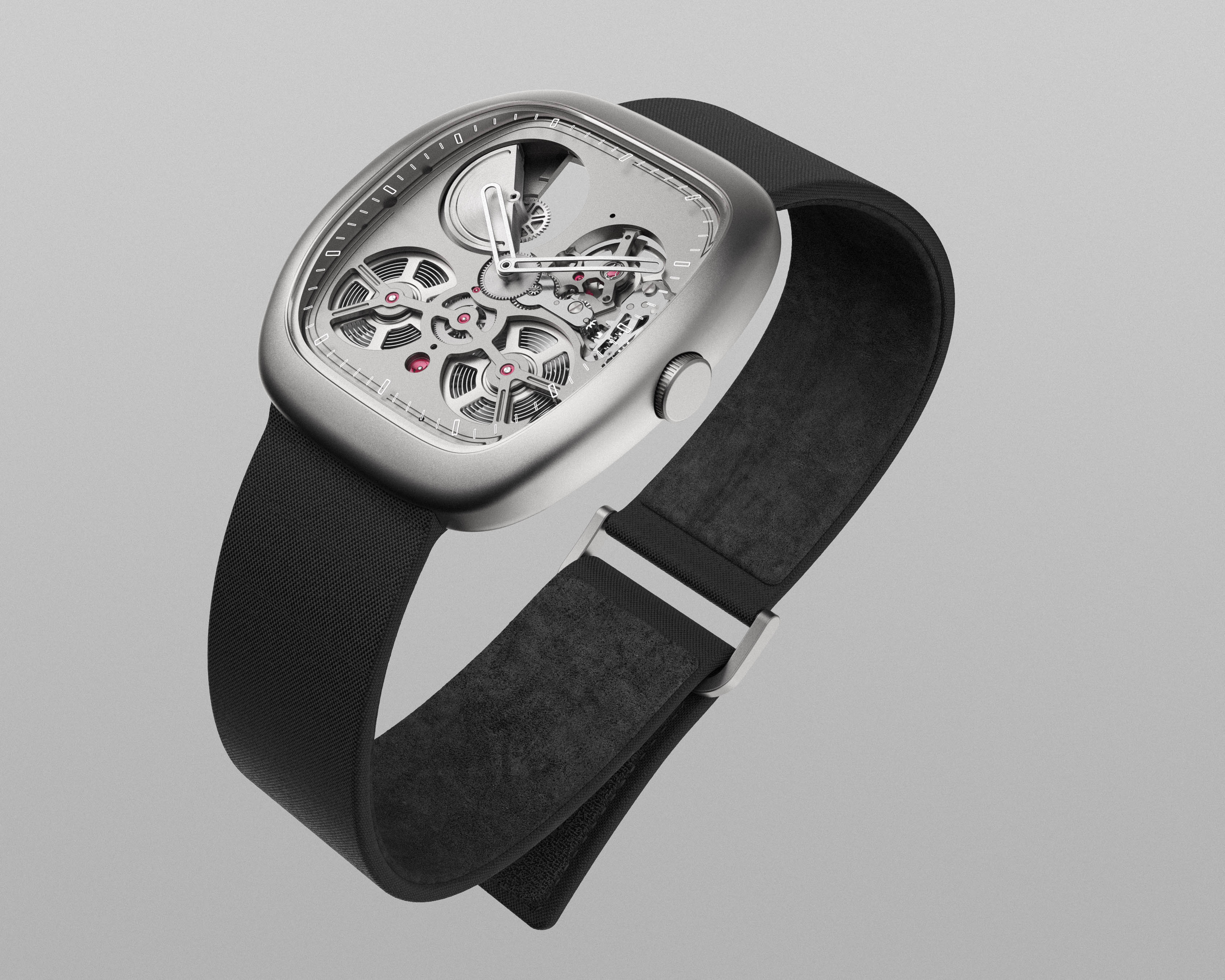 Vista frontale renderizzata dell'orologio WRK ACF-02 con cinturino in alcantara nera, cassa in titanio e rubini