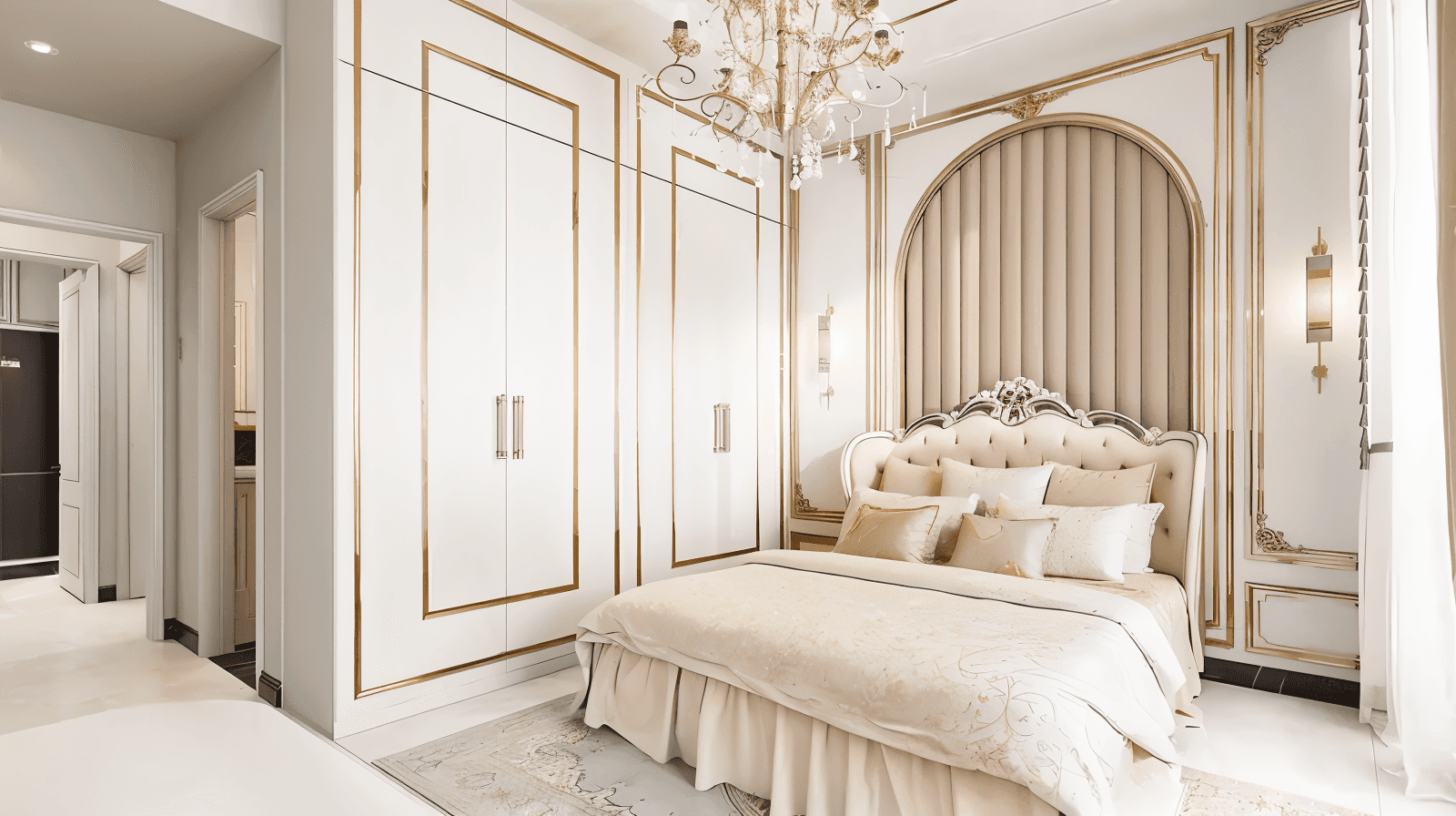 Artistic depiction of the Crown Palace, showcasing a spacious hotel with ornate architecture and a welcoming entrance.