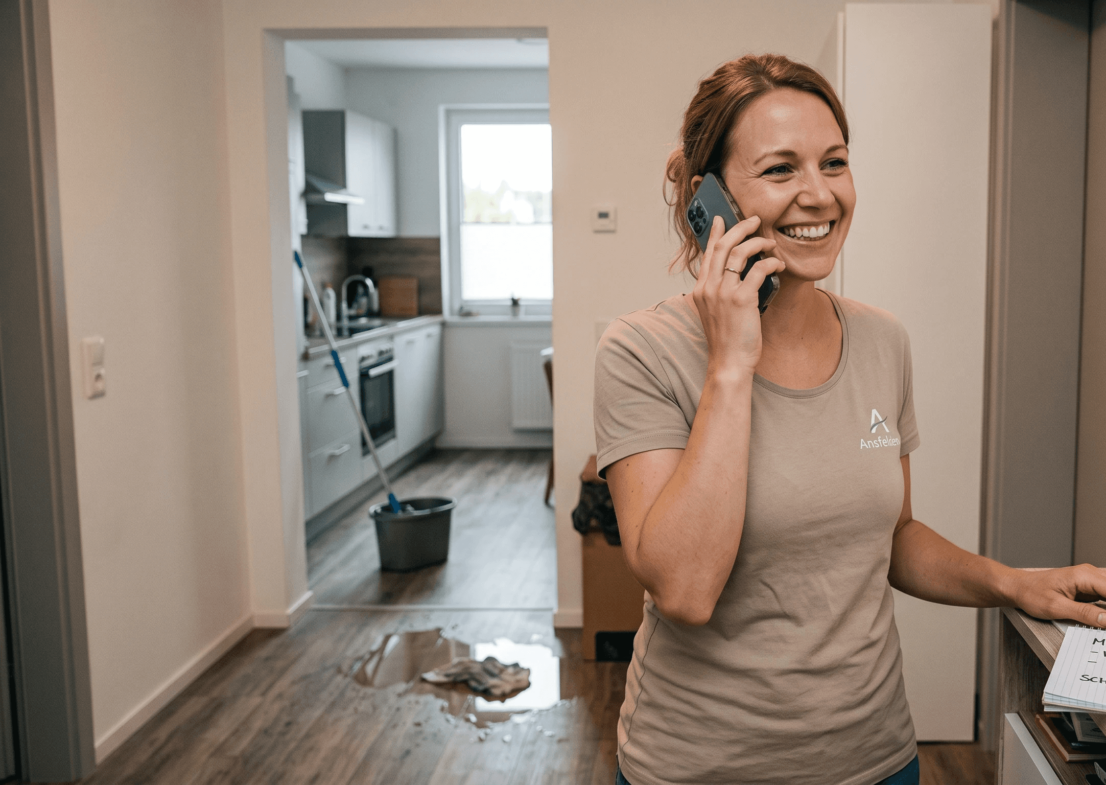 Eine lächelnde Frau telefoniert mit ihrem Smartphone in der Wohnung, während im Hintergrund eine Wasserpfütze auf dem Boden zu sehen ist und Notizen zur Schadensmeldung bereitliegen.