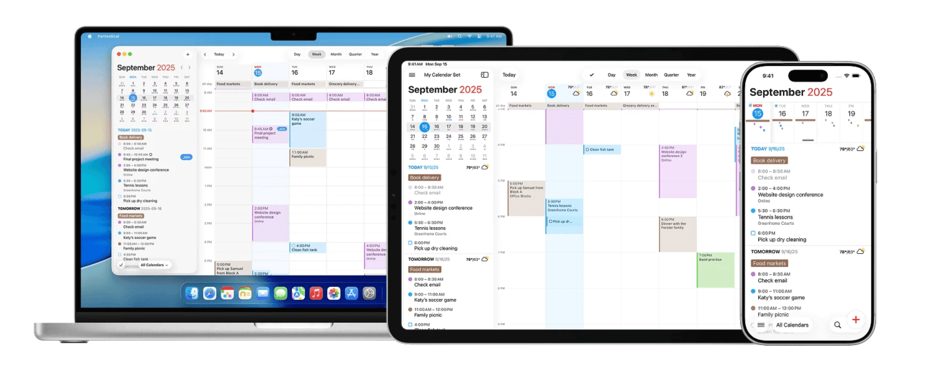 Illustration of Fantastical showing a unified view of personal and work calendars, tasks, and scheduled meetings