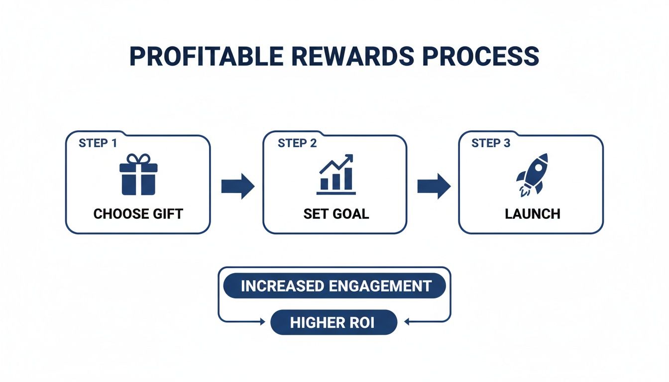 A visual diagram outlining a profitable rewards process: choose gift, set goal, launch, driving engagement and ROI.