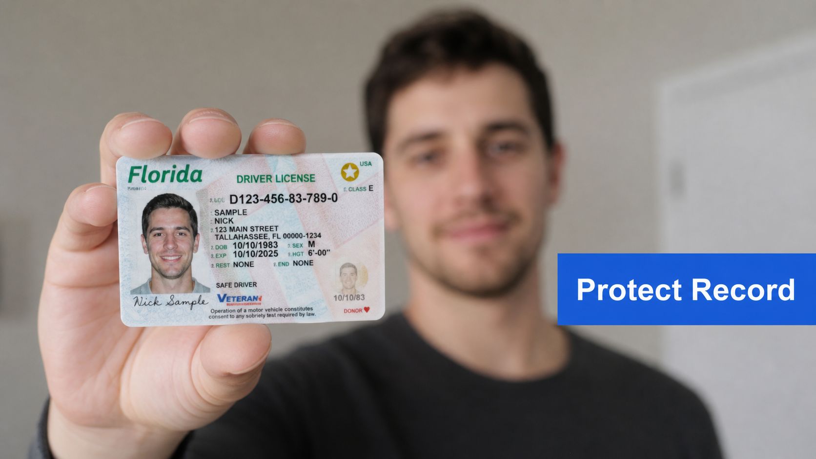 A man holding up a sample Florida driver's license for an identity verification process.