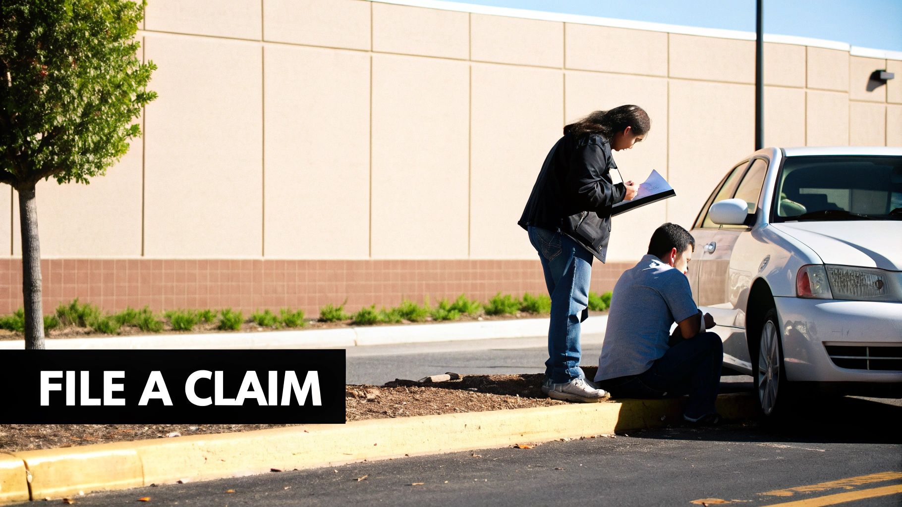 Two people, one writing on a clipboard, the other sitting by a white car, possibly after an accident.