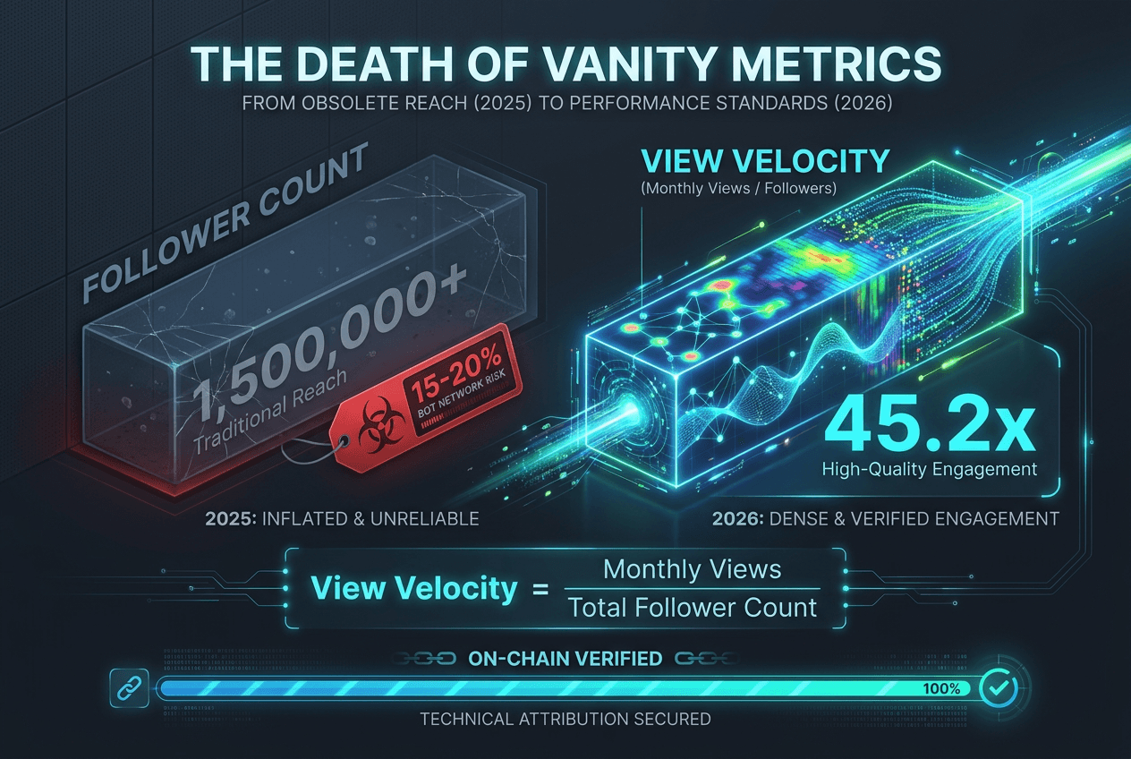 A technical chart comparing Web3 KOL follower counts versus view velocity, highlighting the 15-20% bot risk in traditional crypto social metrics.