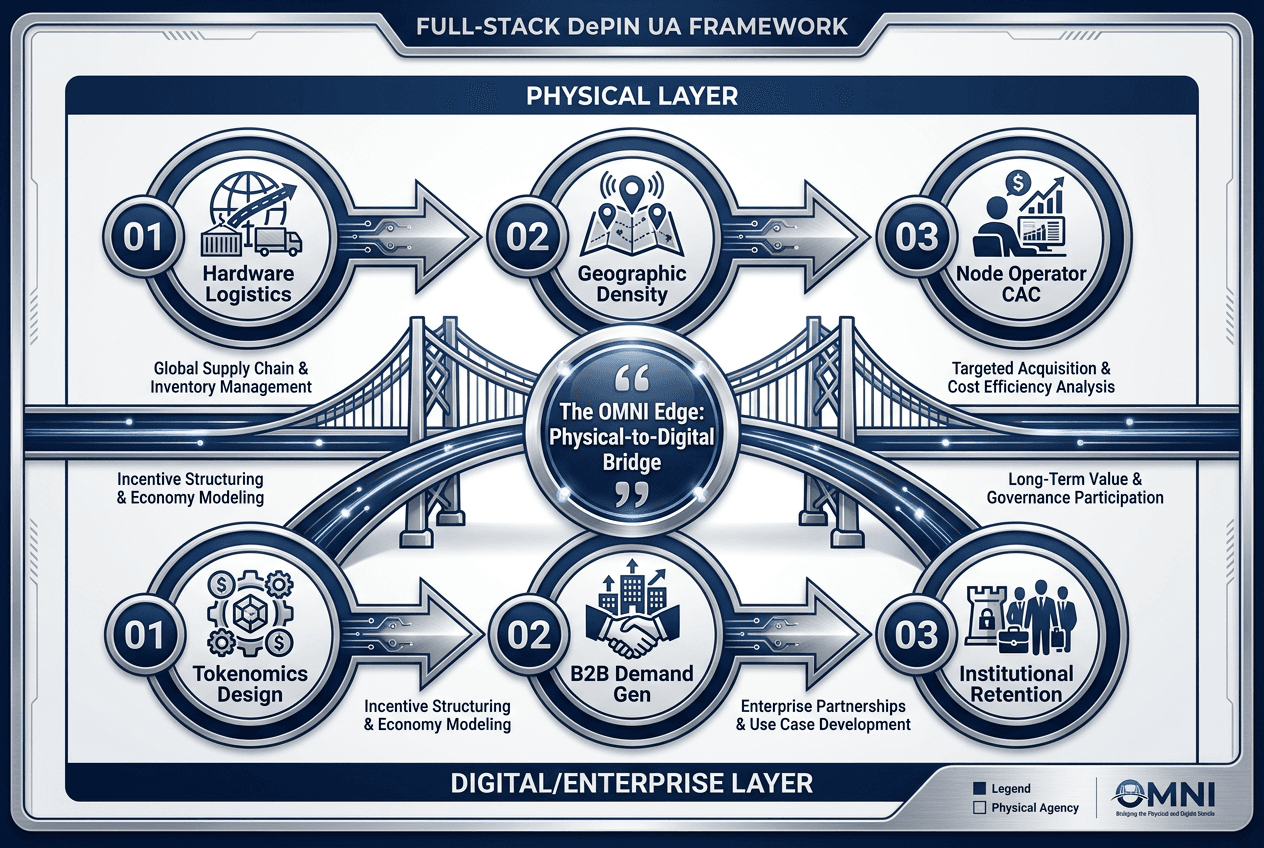 Process diagram of the OMNI Physical-to-Digital Bridge for DePIN projects, showing the integration of hardware logistics and enterprise B2B demand generation.
