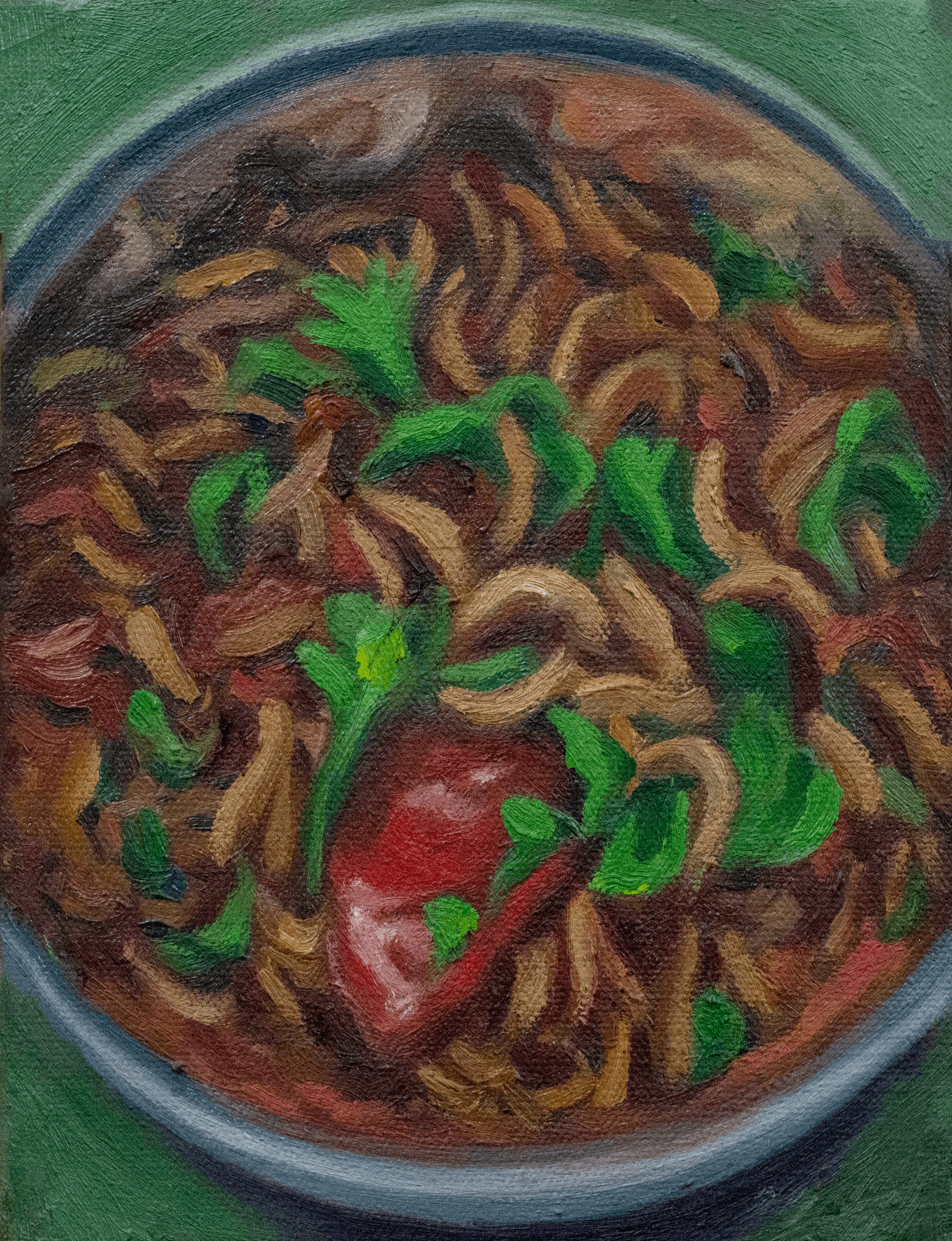 A painting of a kitchen sink and a mirror