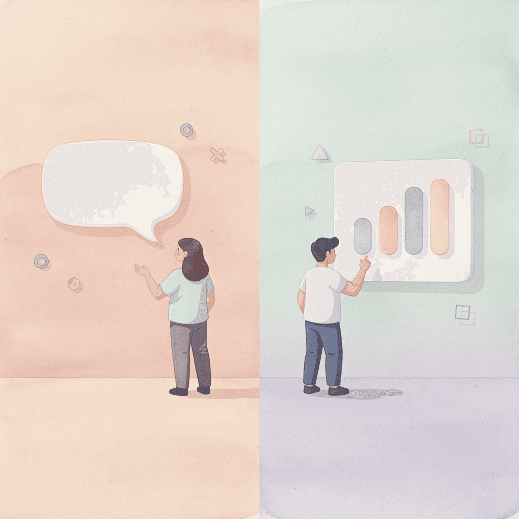 Split scene showing contrasting learning approaches for similar languages