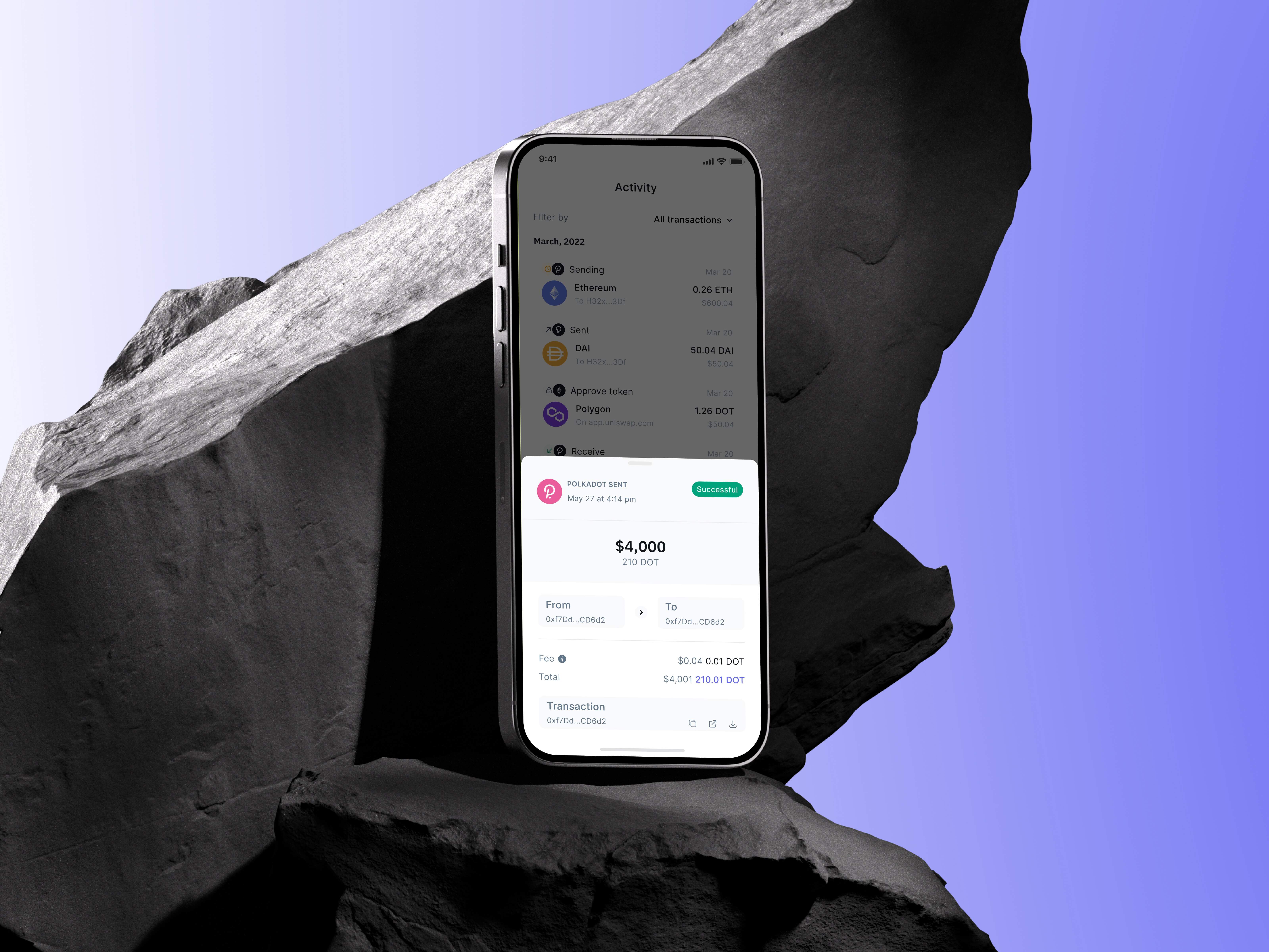 Laguna Wallet mobile UI displaying Polkadot transaction details with full amount, fees, sender and receiver addresses, and successful status in a sleek activity feed