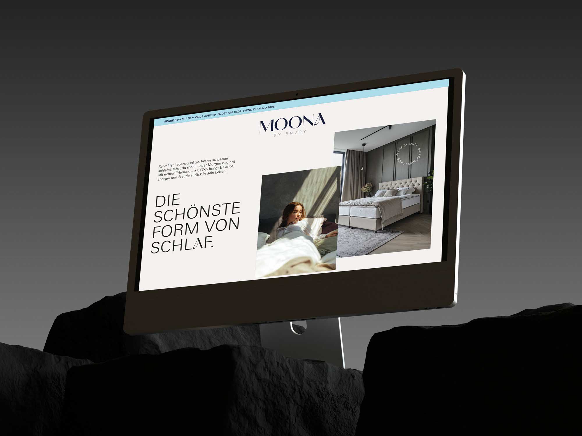 Startseite der MOONA-Website – emotionales Markenbild mit Fokus auf Schlafkultur und Design