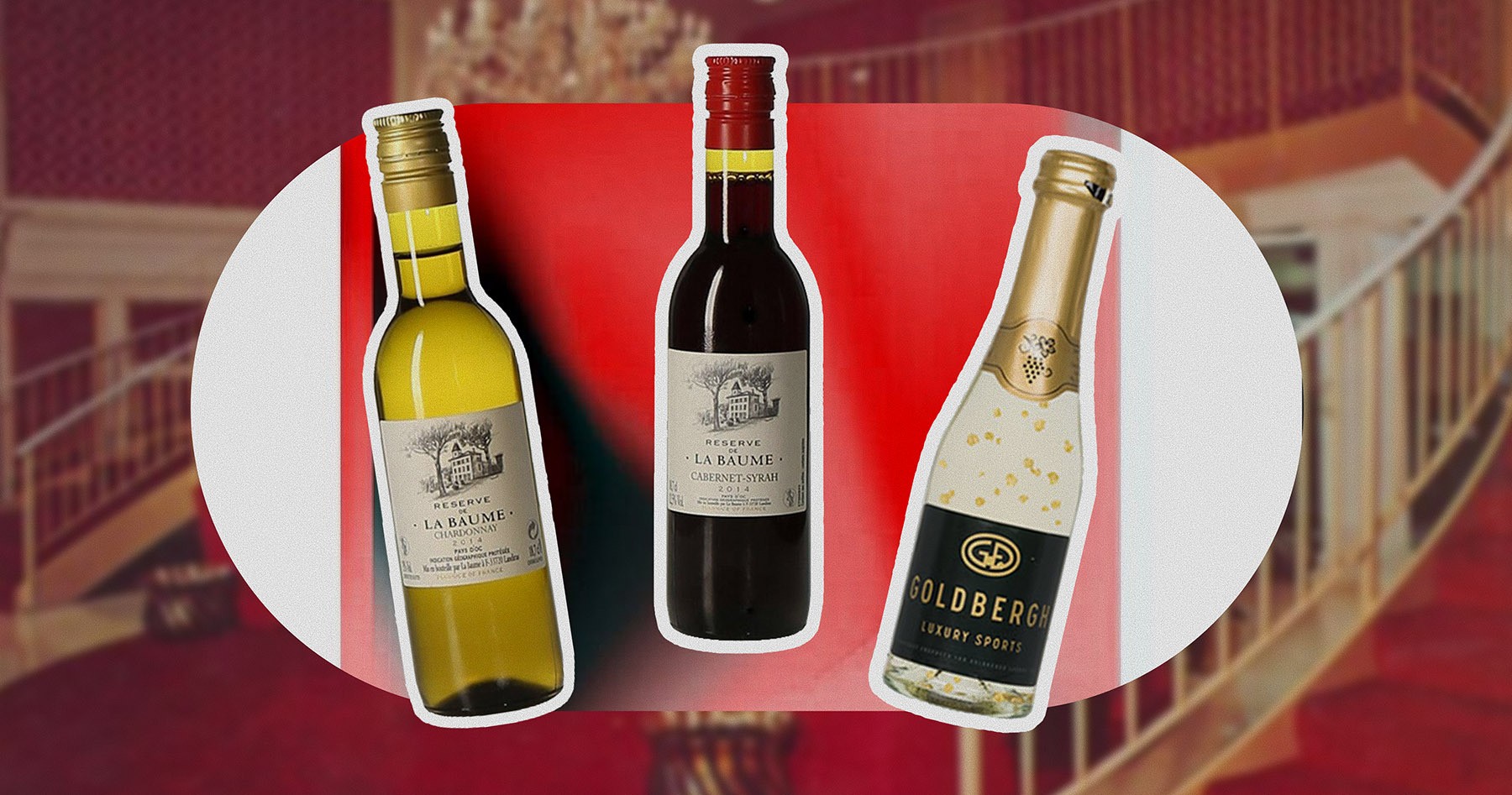 Three bottles of wine (white, red, and sparkling Goldbergh Luxury Sports) for corporate Christmas parties and employee appreciation gifts.