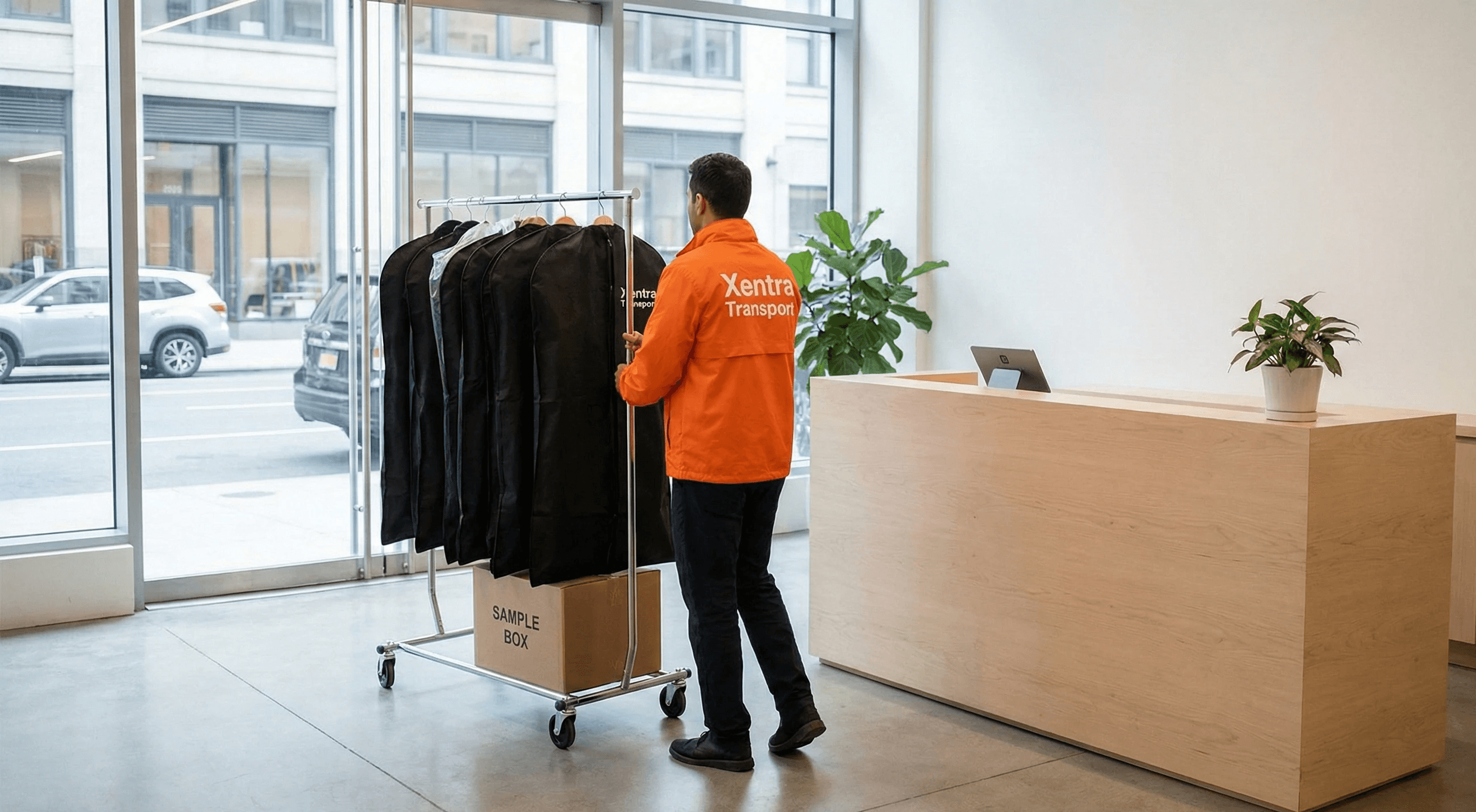  pushes a rolling garment rack and carries garment bags + sample box toward reception. 