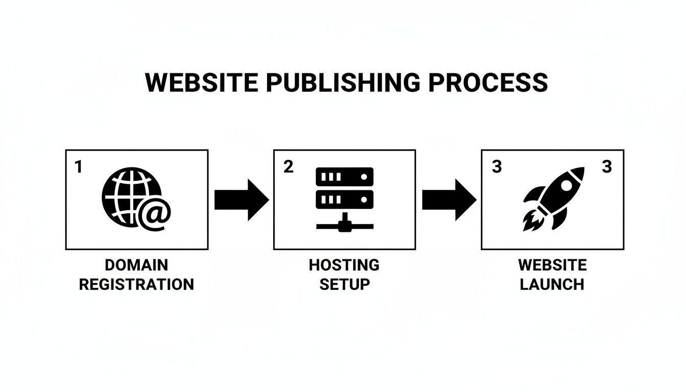 A three-step diagram illustrates the website publishing process: domain registration, hosting setup, and website launch.