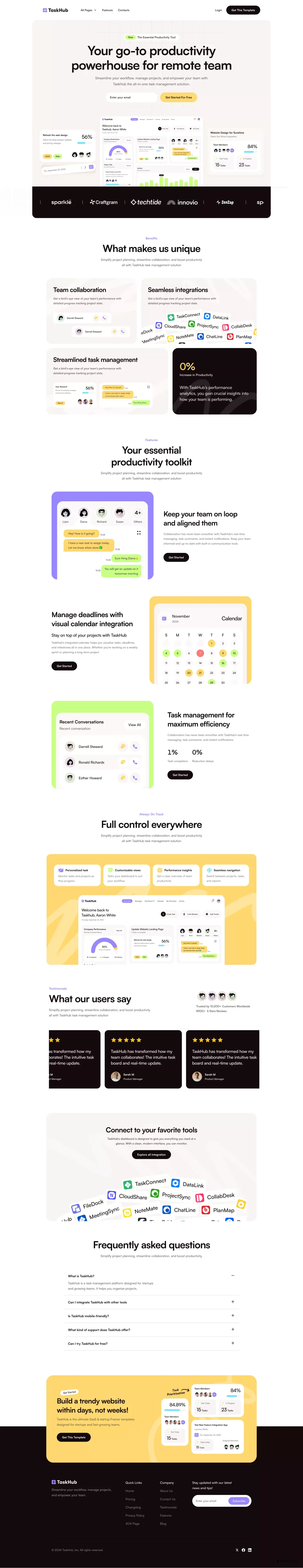 TaskHub - Framer SaaS Template landing page screenshot showcasing Finance and Marketing design