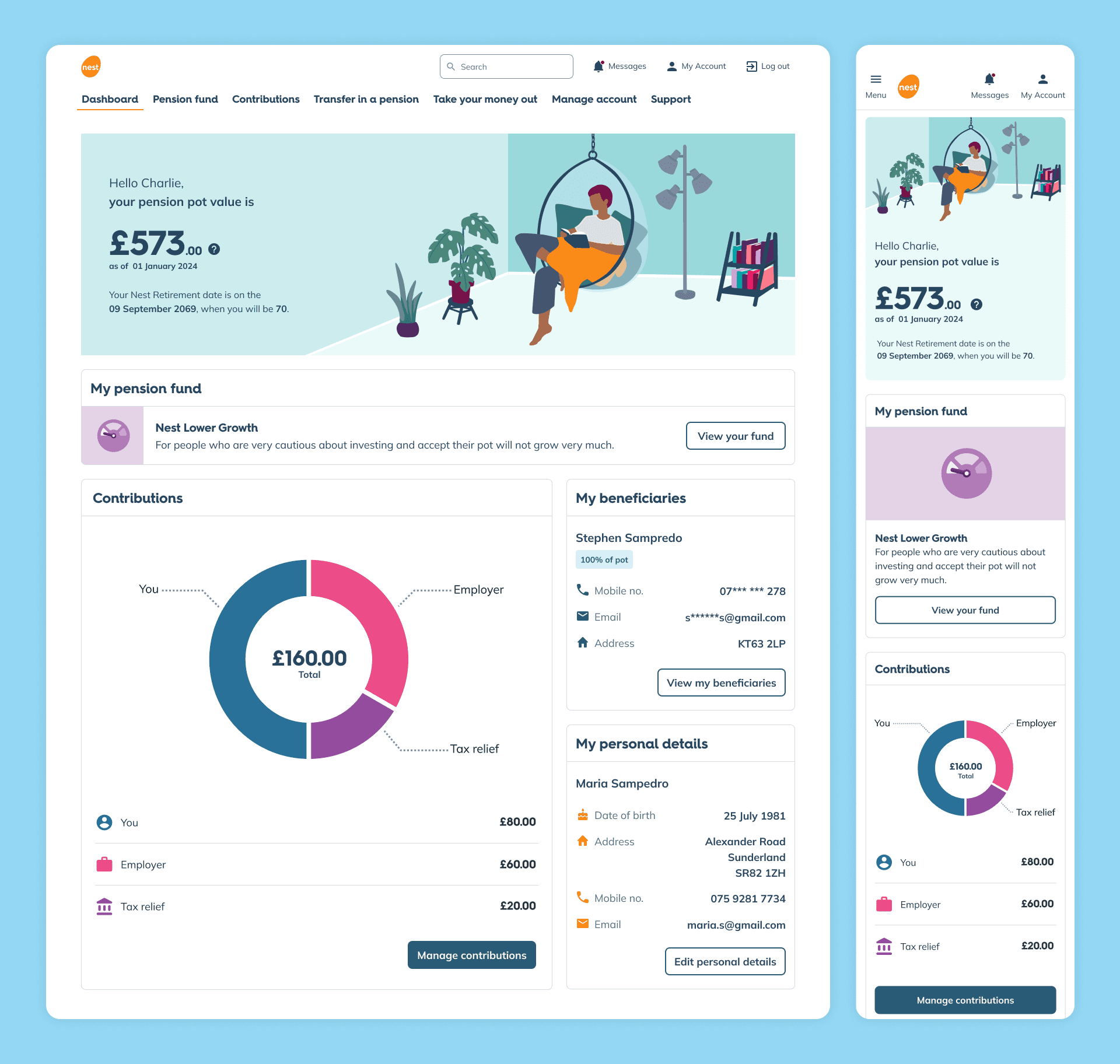 Image of the Nest member dashboard displaying the current pension pot value, current fund choice, breakdown of contributions, beneficiaries, and member details