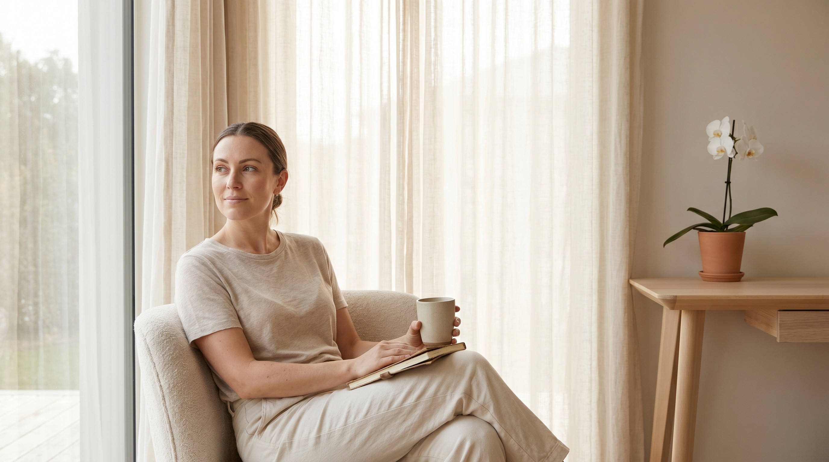 Young woman thoughtfully journaling by a sunlit window in a calm minimalist room with soft neutral tones