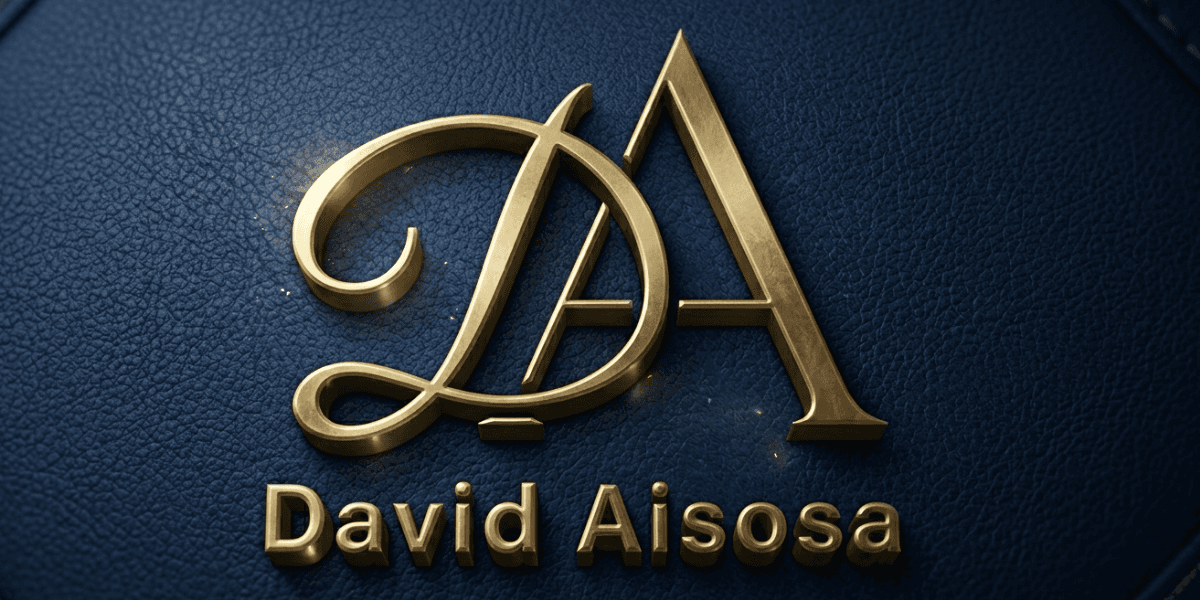 Gold monogram "DA" with elegant curves and lines on a dark blue textured background. Below, the name "David Aisosa" is embossed in gold, conveying luxury.
