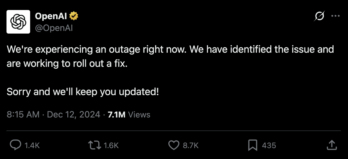 OpenAI outage tweet